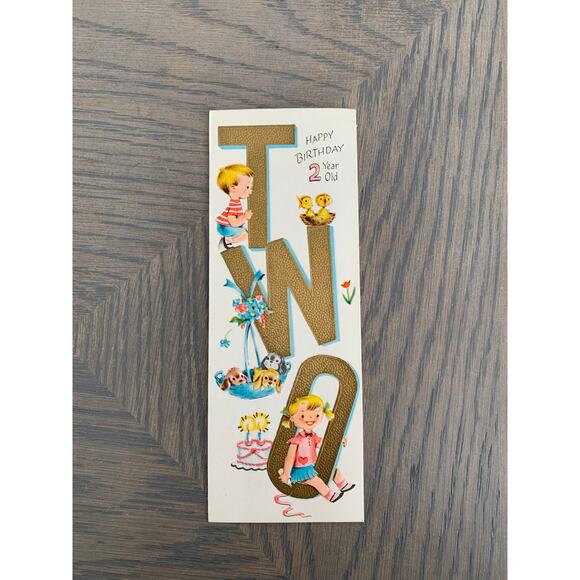 Happy Birthday 2 Year Old, Cute Kids with Baby Animals, Vintage Used Greeting - Picture 1 of 3
